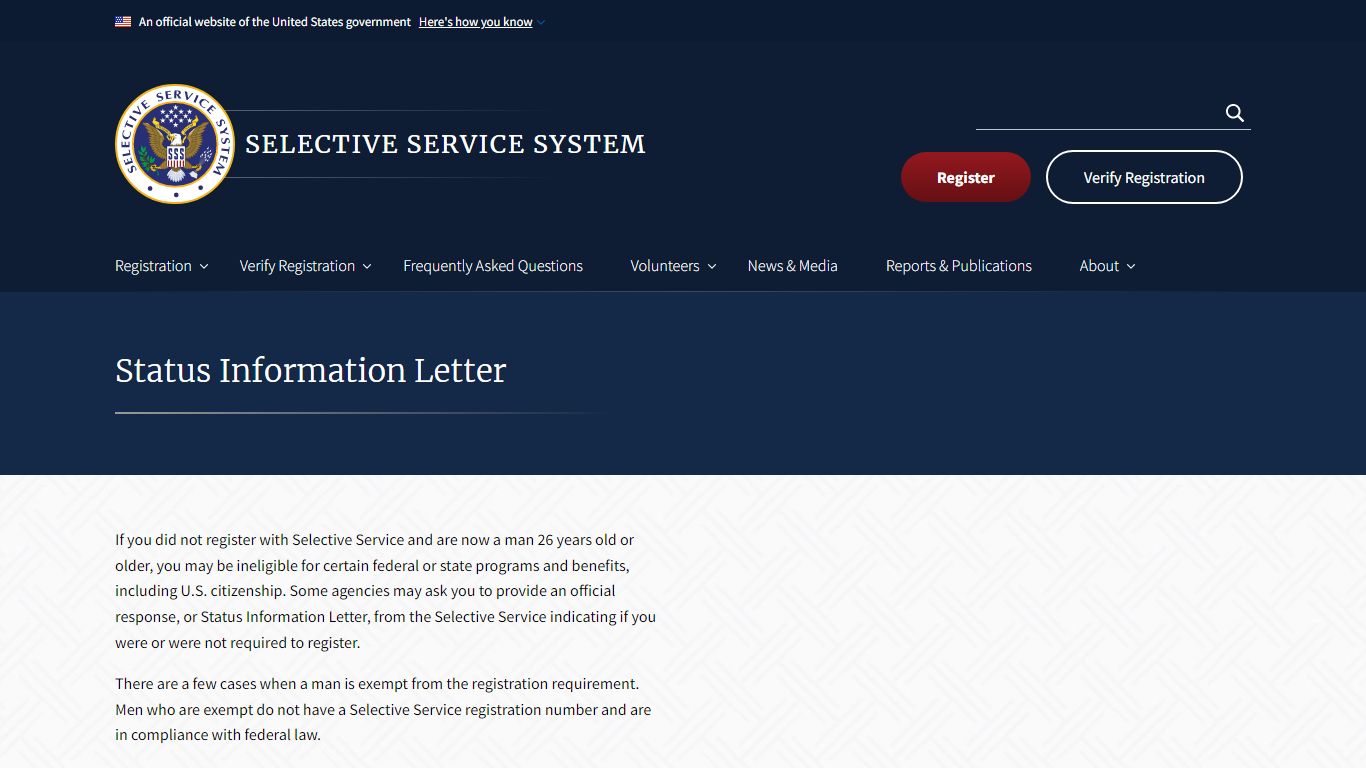 Status Information Letter | Selective Service System