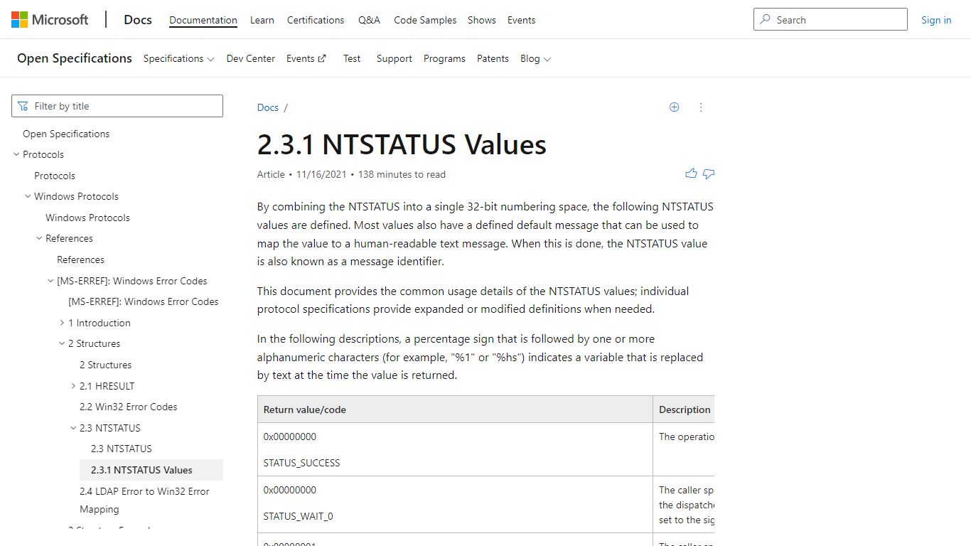 [MS-ERREF]: NTSTATUS Values | Microsoft Docs